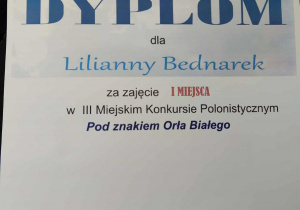 Dyplom dla Lilianny Bednarek.